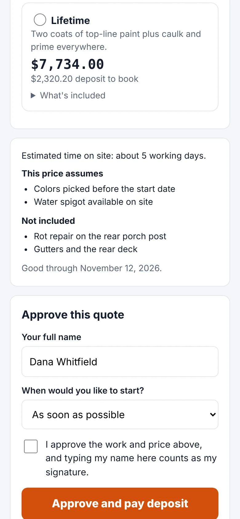 Customer approval page with signature and deposit button