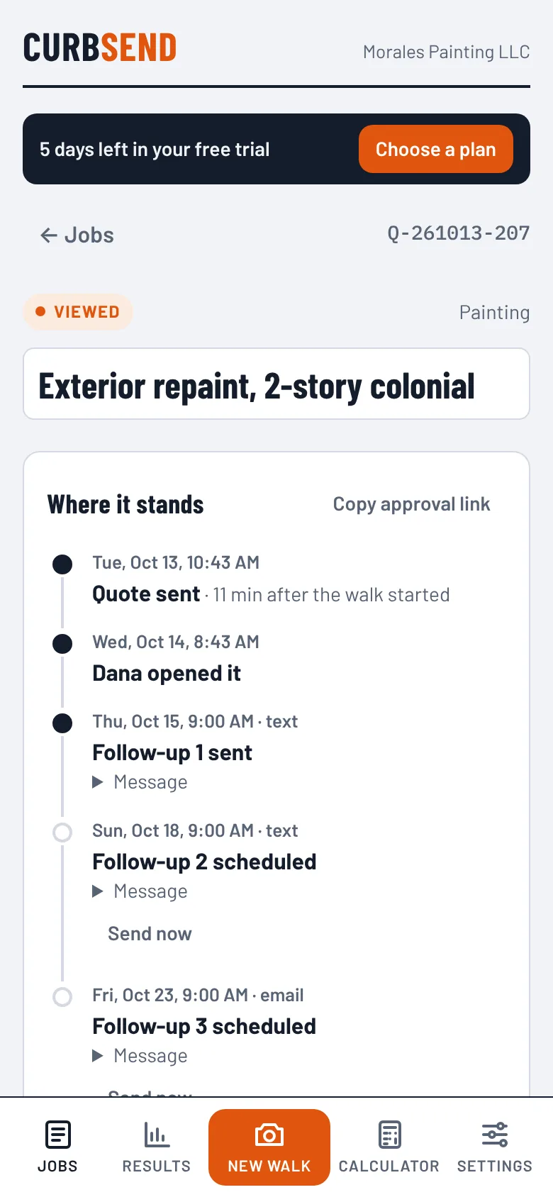 Follow-up timeline on a sent quote