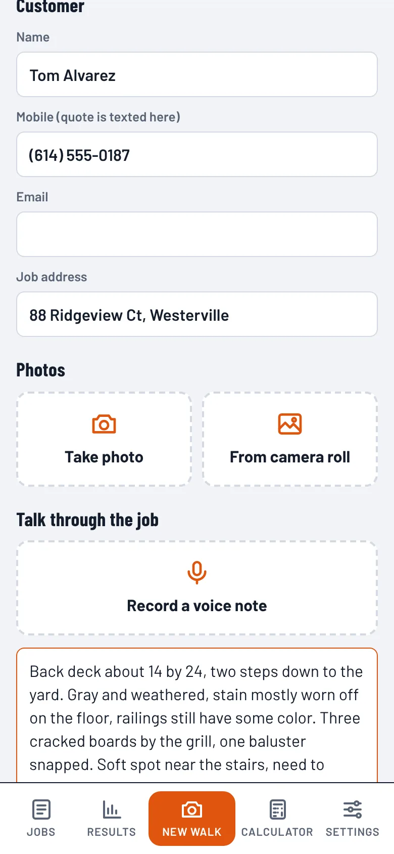 Walk-through screen with photo buttons and a voice note